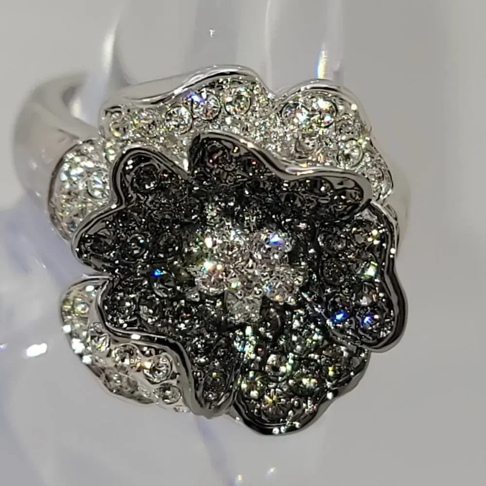 Vintage Nolan Miller Black & Clear Pave Crystal Flower Ring